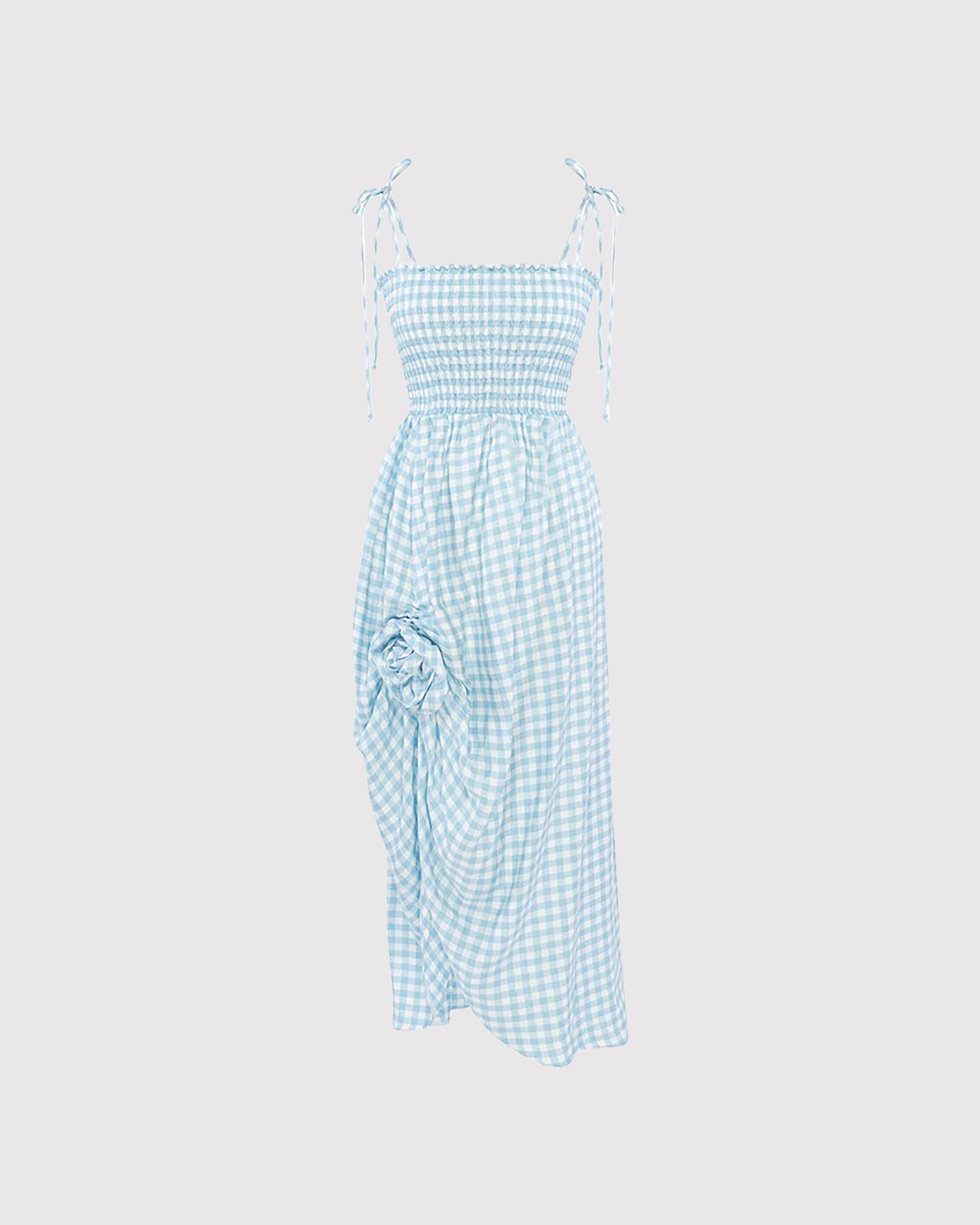 atlanta linen dress with rose detail in blue Sleeper Atlanta Linen Dress with Rose by Sleeper